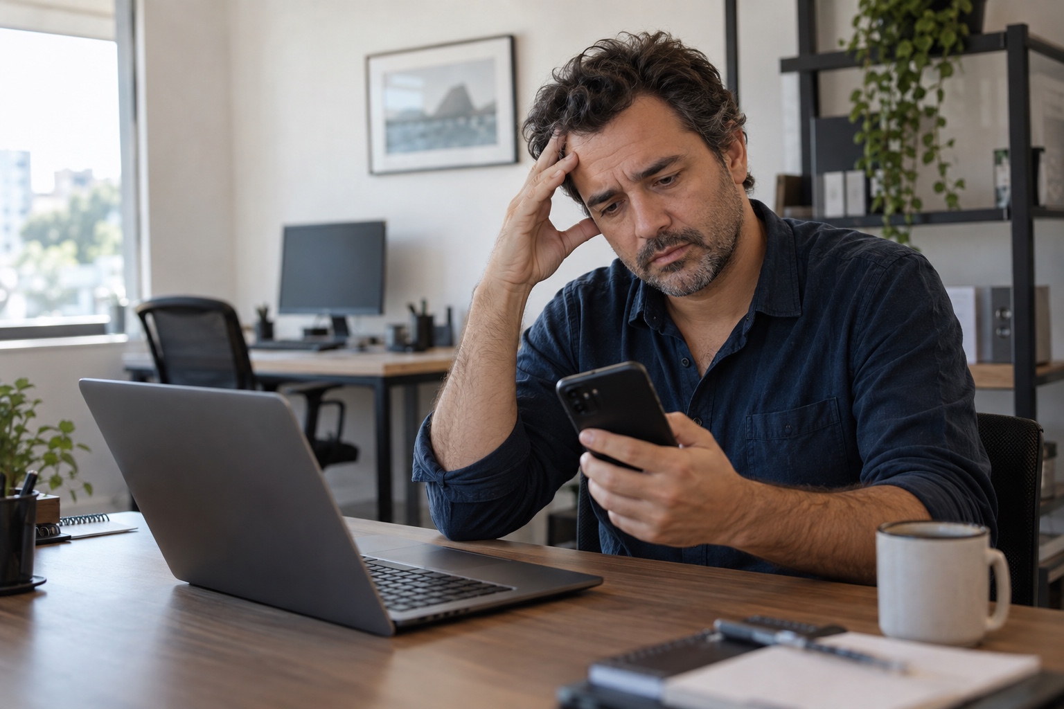 Business owner alone at his desk, hand on his forehead, juggling his phone and computer.