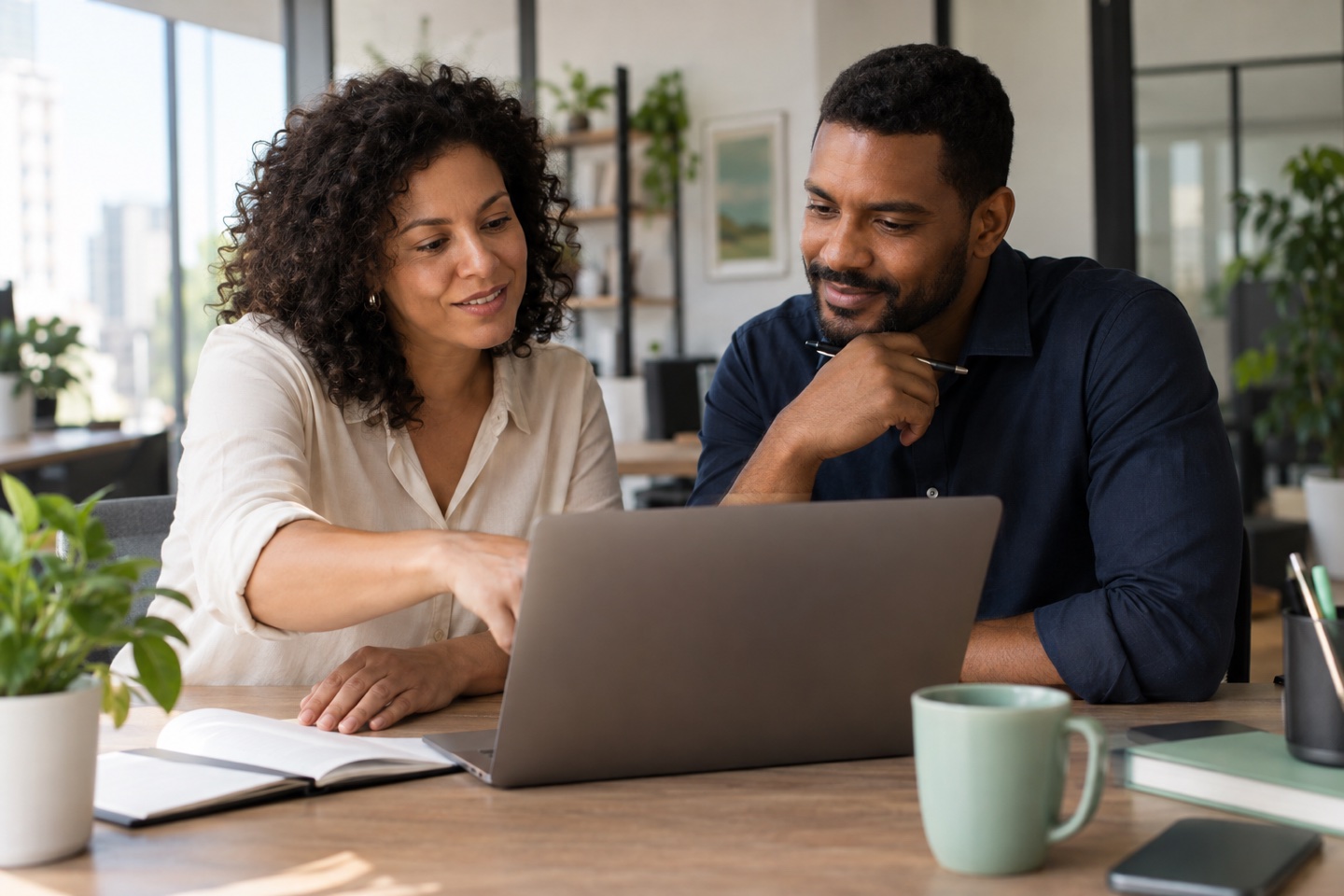 Two people working together, reviewing information on a laptop.