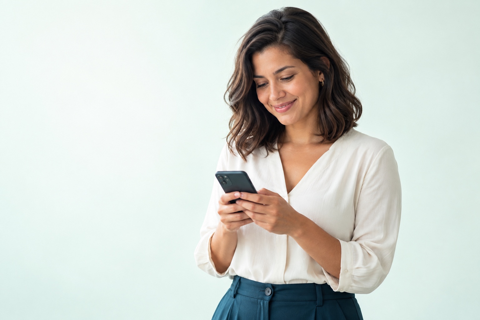 Woman with a soft smile looking at the phone in her hands.